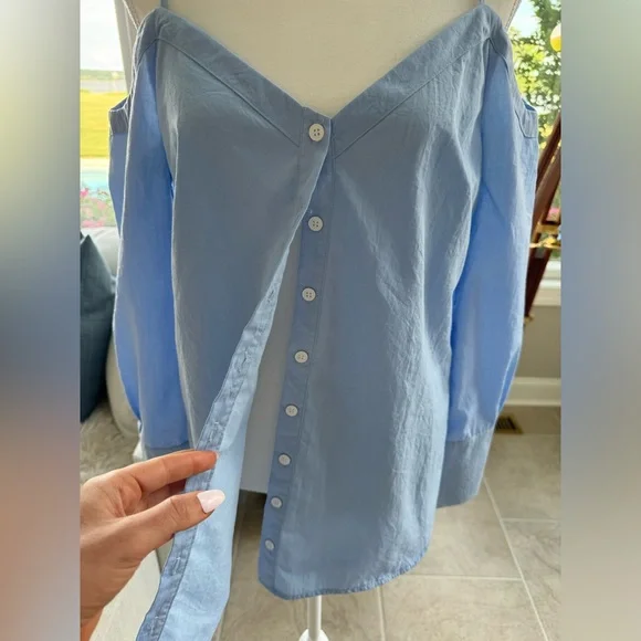 Lulus Work From Home Light Blue Poplin Button-Down Off-the-Shoulder Top Sz M - Picture 4 of 12